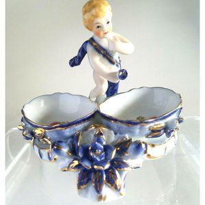 Antique sign Derby Porcelain cherub with 2 mini bowls for jam or salt